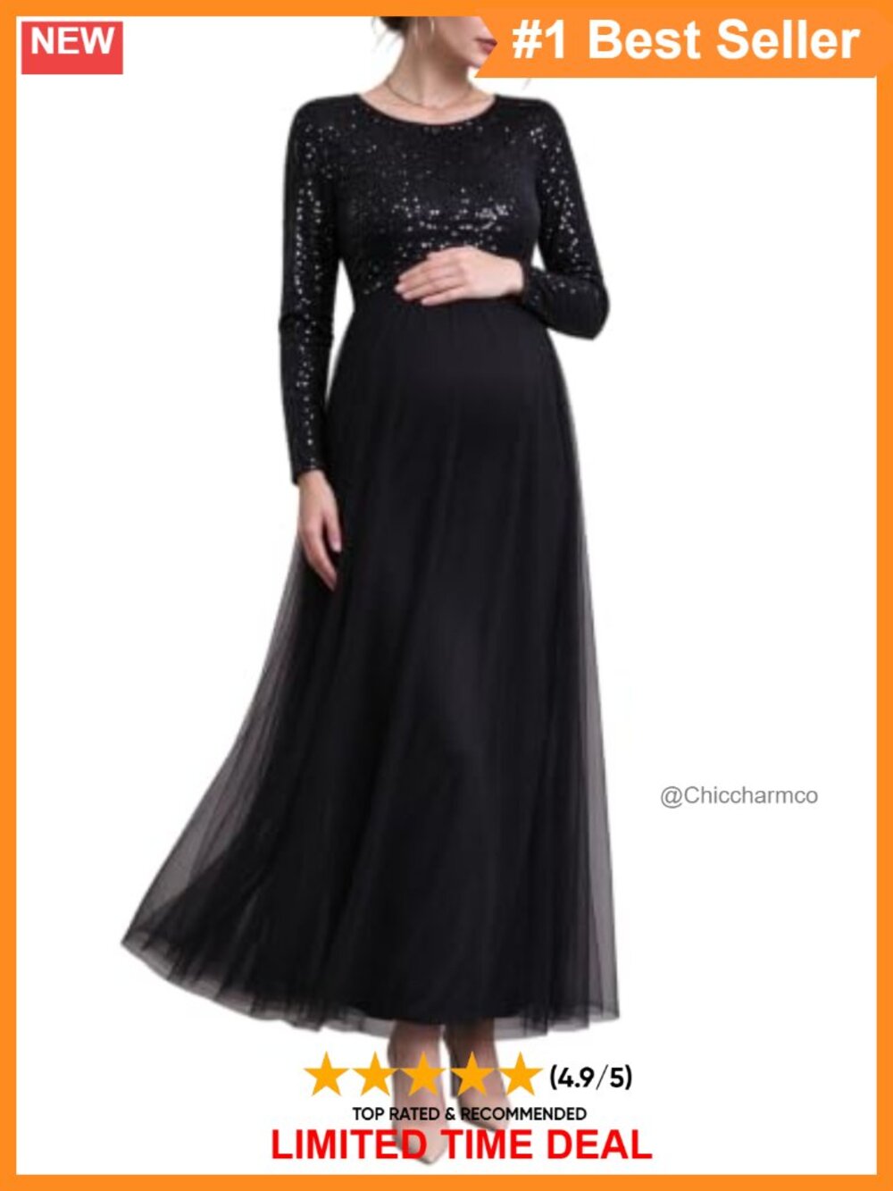 Sequin Long Sleeve Maternity Gown Flowy Tulle Maxi Dress